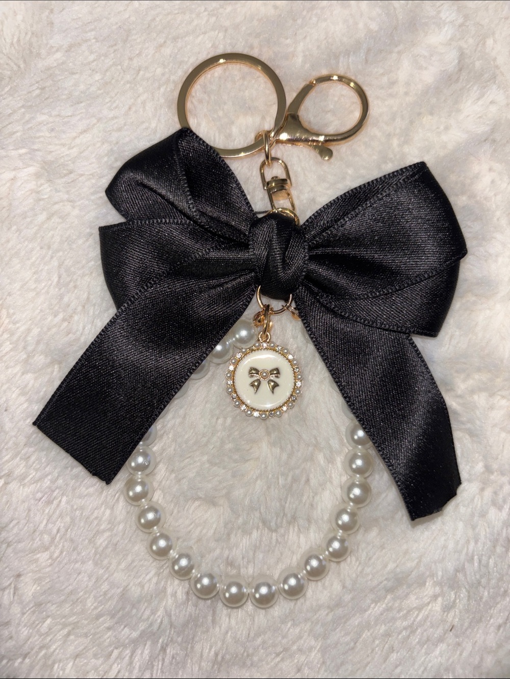 Black Satin Bow Pearl Keychain Charm